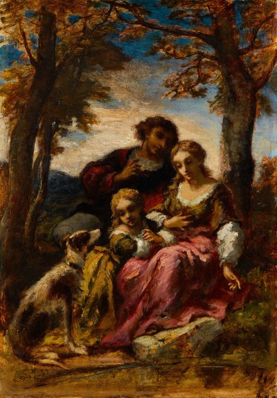 Figurer og en hund i et landskap, 1852. av Narcisse Virgile Diaz de la Peña