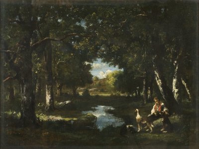 Mann og hund hviler i Forest Glade (olje på lerret) av Narcisse Virgile Diaz de la Peña