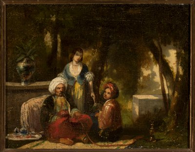Mann med vannpipe foran et skoglandskap av Narcisse Virgile Diaz de la Peña