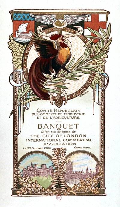Hane og monumenter, bankettmeny til den republikanske komiteen for handel, industri og jordbruk tilbudt 22.11.1906 til delegatene fra City of Londons internasjonale kommersielle forening av Nathan Weill