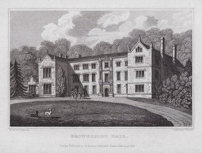 Brownholme Hall (gravering) av Nathaniel (after) Whittock