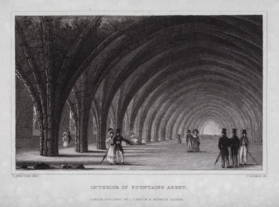 Interiør i Fountains Abbey (gravering) av Nathaniel (after) Whittock