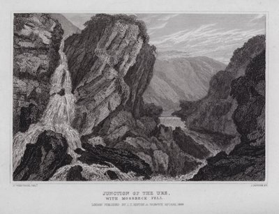 Junction of the Ure, med Mossbeck Fell (gravering) av Nathaniel (after) Whittock