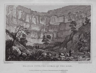 Malham Cove, kilden til Aire (gravering) av Nathaniel (after) Whittock