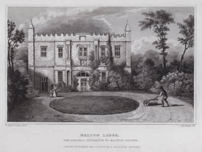 Malton Lodge, den originale inngangen til Malton Castle (gravering) av Nathaniel (after) Whittock