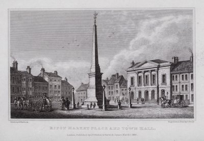 Ripon markedsplass og rådhus (gravering) av Nathaniel (after) Whittock