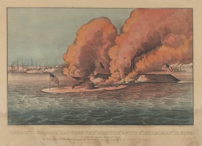 Terrific Combat Between the Monitor 2 Guns & Merrimac 11 Guns - In Hampton Roads March..., 1862. Skapere: Nathaniel Currier, James Merritt Ives, Currier og Ives. av Currier and Ives