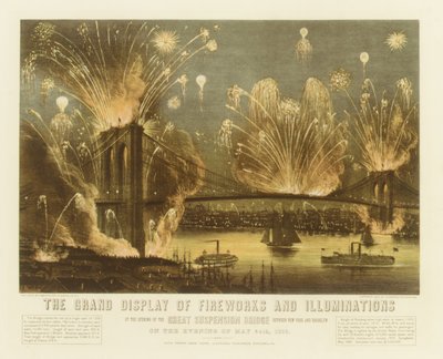 The Grand Display of Fireworks and Illuminations at the Opening of the Great Suspension Br..., 1883. Skapere: Nathaniel Currier, James Merritt Ives, Currier og Ives. av Currier and Ives