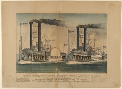 The Great Mississippi Steamboat Race - Fra New Orleans til St. Louis, juli 1870 - Mellom t..., 1872-74. Skapere: Nathaniel Currier, James Merritt Ives, Currier og Ives. av Currier and Ives