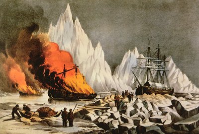 'Brenne vrakene for å unngå fare for andre fartøyer', fra The American Whale Fishery av Nathaniel Currier