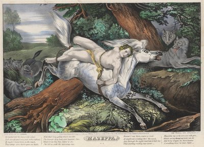 Mazeppa: Plate 2 med sett med fire (4) plater (Forfulgt av ulver) av Nathaniel Currier