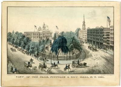 Utsikt over parken, Fountain und City Hall, N.Y. 1851, 1851 av Nathaniel Currier
