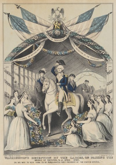 Washingtons mottakelse av damene ved passering av broen i Trenton, NJ, april 1789, o..., 1845. av Nathaniel Currier