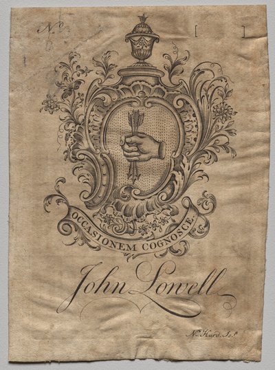 Bokskilt: Våpenskjold med John Lowell påskrevet av Nathaniel Hurd