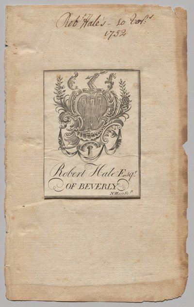 Bokskilt: våpenskjold med Robert Hale, Esq. innskrevet av Nathaniel Hurd