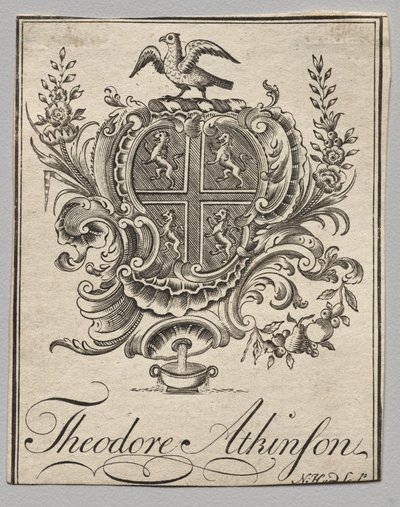Bokskilt: Våpenskjold med Theodore Atkinson påskrevet av Nathaniel Hurd