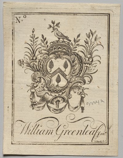 Bokskilt: våpenskjold med William Greenleaf Jun.r påskrevet av Nathaniel Hurd