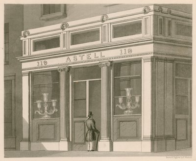 Butikkfront for Astell, Wine and Spirit Warehouse, Grafton Street, Tottenham Court Road av Nathaniel Whittock