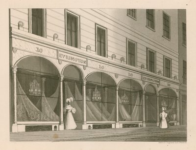 Butikkfront for Mrs Everington, India sjallager, 10 Ludgate Street, London av Nathaniel Whittock