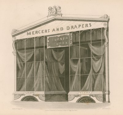 Butikkfront for Mrs Turner og Clark, Mercers and Drapers, Coventry Street, London av Nathaniel Whittock