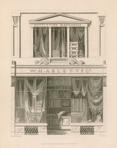 Butikkfront for WH Ablett, Outfitting Warehouse, Cornhill, London av Nathaniel Whittock