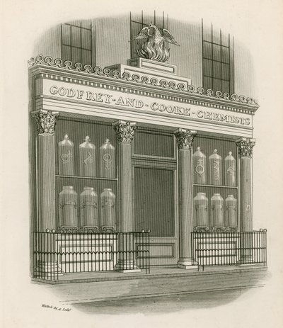 Butikk foran Godfrey og Cooke, Chemists, Conduit Street, London av Nathaniel Whittock
