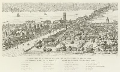 Southwark og London Bridge, slik de dukket opp rundt 1546 av Nathaniel Whittock