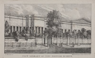 Utsikt over det nye biblioteket ved British Museum, ca. 1830 (litho) av Nathaniel Whittock