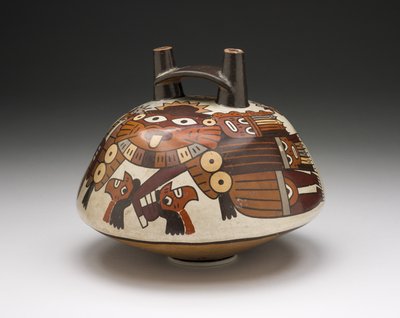 Fartøy som viser en maskert kriger som holder troféhoder, 180 f.Kr.-A.D. 500 av Nazca Culture