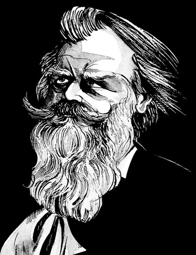 Johannes Brahms, tysk komponist (1833-97), gråtonet akvarellkarikatur av Neale Osborne