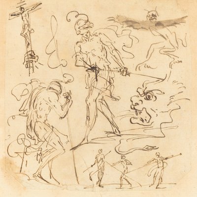 Ark med studier med en soldat som tegner et sverd, et krusifiks, uhyrlige dyr og andre figurer av Neapolitan 17th Century