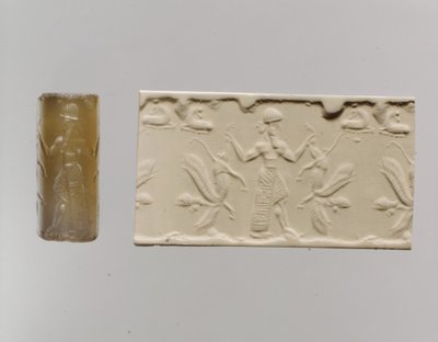 Sylinderforsegling og moderne inntrykk: mannsfigur som dominerer løver med vinge med menneskehode, ca. 8.–7. århundre f.Kr. (kalsedon) av Neo Assyrian Neo Assyrian