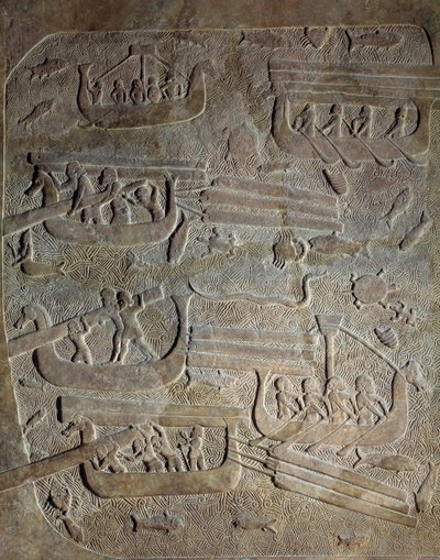 Mesopotamia i ny-assyrisk tid (rundt 1000-612 f.Kr.): "" Sjøekspedisjon, transport av tre fra Libanon langs den fønikiske kysten, lasting av båter""" 8. århundre f.Kr. Fra Khorsabad (Khunsabad) Paris, Musee du Louvre av Neo Assyrian Neo Assyrian