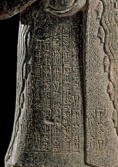 Sumerisk kunst: Detalj av statuen av Gudea, prinsen av Lagash kalt "" med den fossende vasen"" og dedikert til gudinnen Geshtinanna - Skulptur i doleritt fra Tello (Girsu en Mesopotamie), Mot 2120 f.Kr. Høyde: 62 cm, Bredde: 25,60 cm - Paris, Muse av Neo Sumerian Neo Sumerian