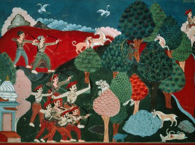 En konge som bruker dagene på å drepe fattige gaseller uten grunn, senere, i et annet liv, er han gaselle og blir drept av jeger, detalj fra Swayambhu Purana, viktig buddhistisk hellig tekst i Nepal, gouache, nepalesisk sivilisasjon av Nepalese School