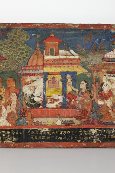 Detalj fra et buddhistisk manuskriptomslag (ugjennomsiktig wc på tre) av Nepalese School