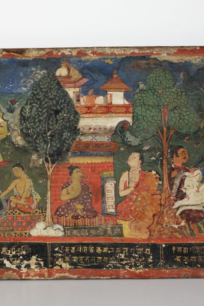 Detalj fra et buddhistisk manuskriptomslag (ugjennomsiktig wc på tre) av Nepalese School