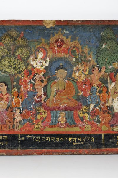 Detalj fra et buddhistisk manuskriptomslag (ugjennomsiktig wc på tre) av Nepalese School