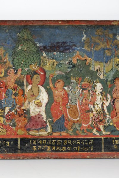 Detalj fra et buddhistisk manuskriptomslag (ugjennomsiktig wc på tre) av Nepalese School