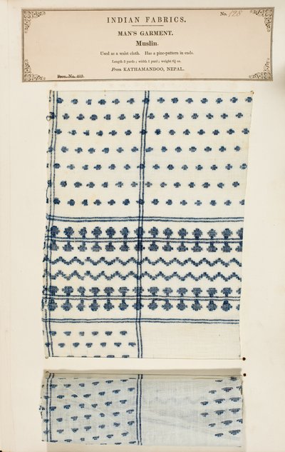 Muslinprøve fra Kathamandoo i Nepal, fra The Collection of the Textile Manufacturers of India, av John Forbes Watson, utgitt i 1866 av Nepalese School