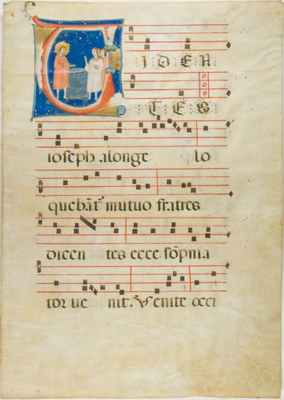 Joseph og brødrene hans ved brønnen, innledende V fra et antifonarium av Neri da Rimini