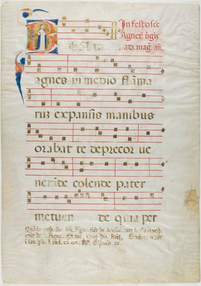 Saint Agnes i en historisk initial "V" fra et antifonarium av Neri da Rimini