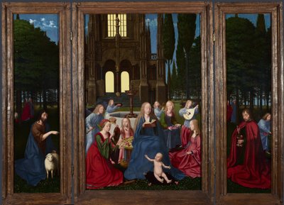Jomfruen og barnet med hellige og engler i en hage, ca. 1500 av Netherlandish Master