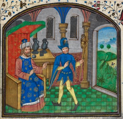 Harley 3000, f.189 En dåre med sin herre, fra en timebok av Mildmay Master, ca. 1460-70 (vellum) av Netherlandish School