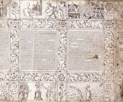 Opplyst manuskript i sefardisk skrift, som viser scener av nederlandsk liv og Bibelen med blomsterkartasjer, 1600-tallet av Netherlandish School