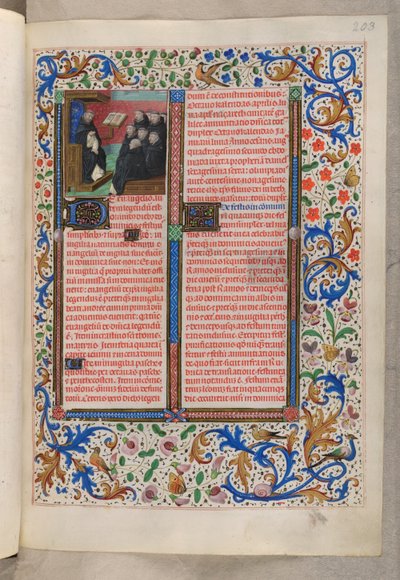 MS 18851, f.203r En dominikaner som leser for sine medbrødre (Rubrikker for fester), Breviary, Use of the Dominicans ('The Breviary of Queen Isabella of Castile') av Netherlandish School