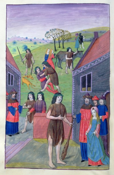 Ms 324 f.91 v. Hercules kjemper mot Achelous og tar oksen ved hornet, 1479 av Netherlandish School
