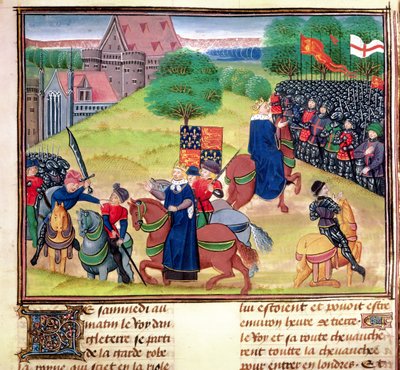 Royal 18 E.1, F.175 Wat Tylers død i Smithfield, London, i 1381 under bondeopprøret, illustrasjon fra 