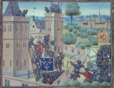 Royal 18 E.1 fol.345 The Capture of Wark Castle av franskmennene og skottene, fra bok II av 
