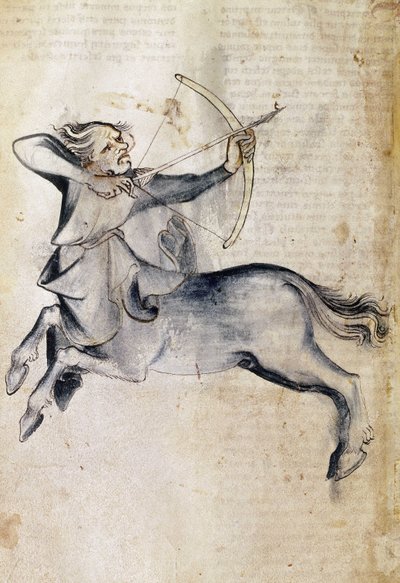 Sloane 3983 f.9v Tegning av Skytten; fra en oversettelse av en persisk astrologisk avhandling, "Liber Astrologiae" (vellum) av Netherlandish School